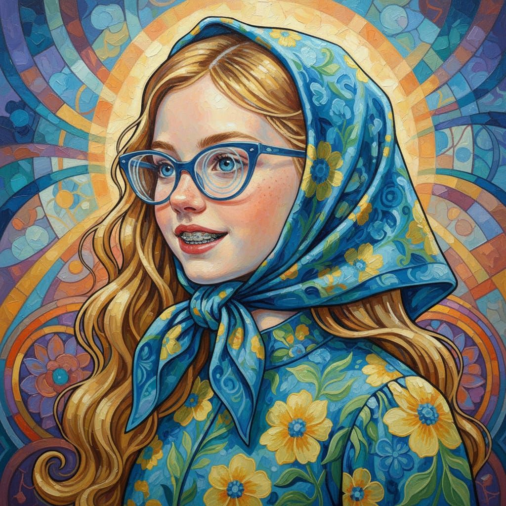 Retro Girl with Blue Glasses as Acrylic Painting