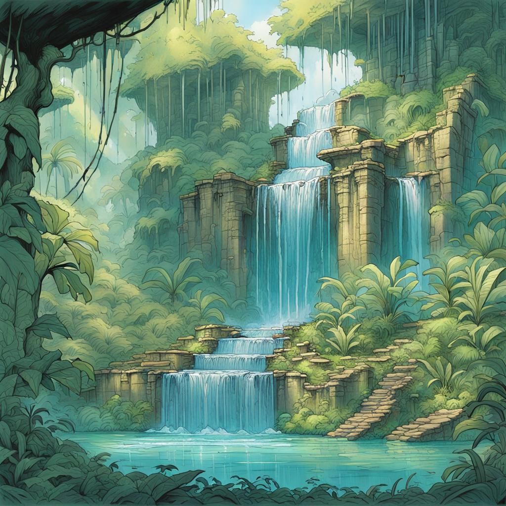 Magical Waterfalls in Hidden Forest, Acrylic Art