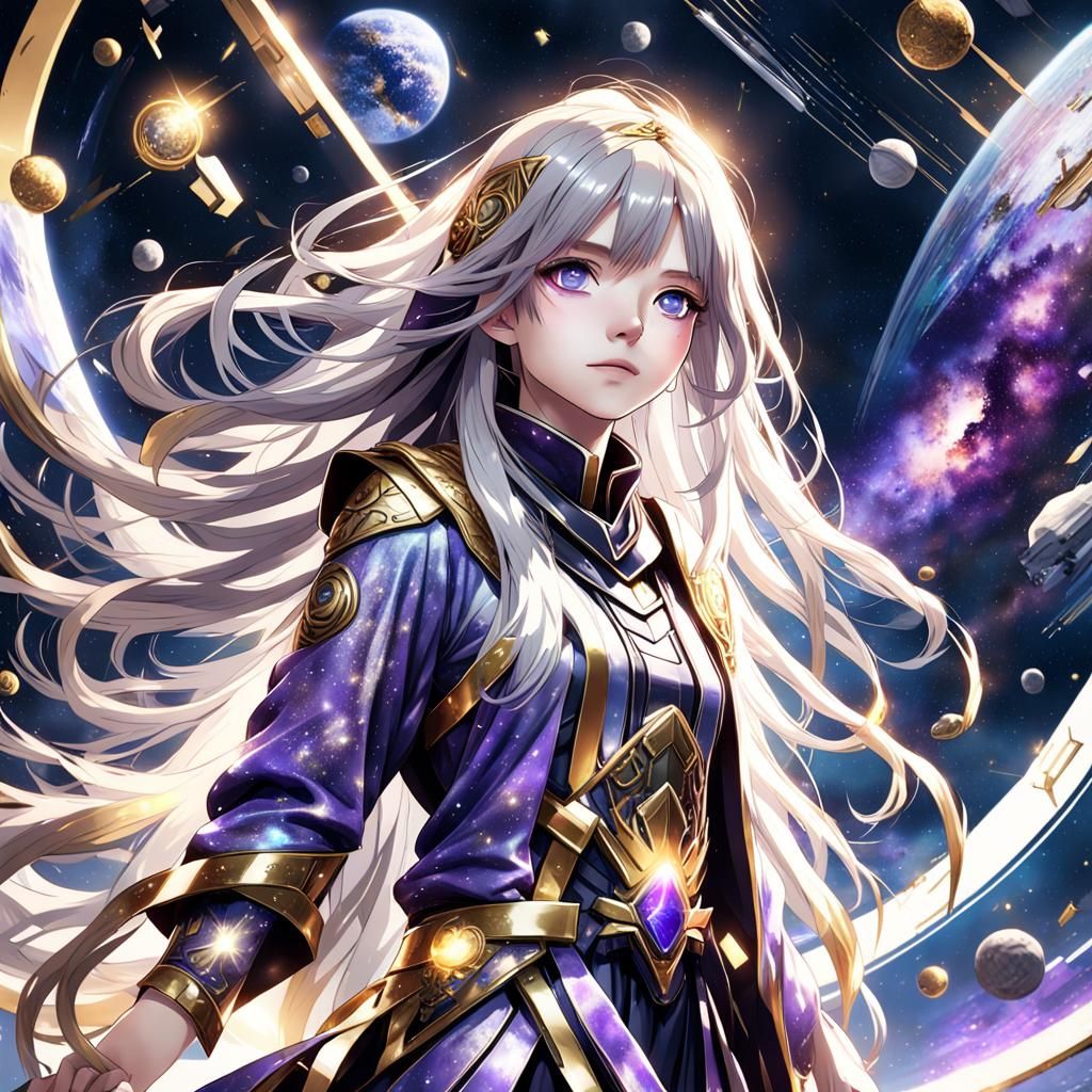 Galactic Anime Woman in Silver and Gold