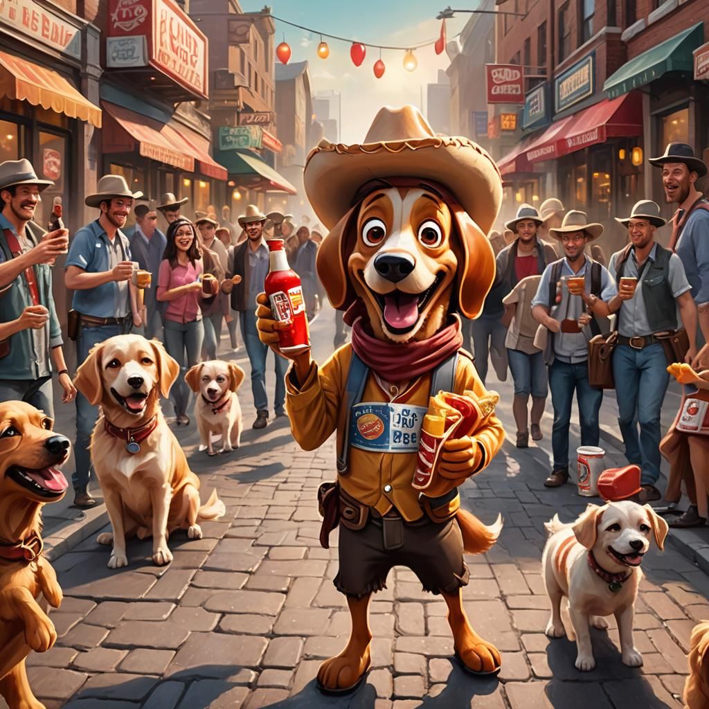 Cartoon Super funny hot dog walks through a beer fair on a paved city street, p (correct anatomy)The hot dog has a wide ...