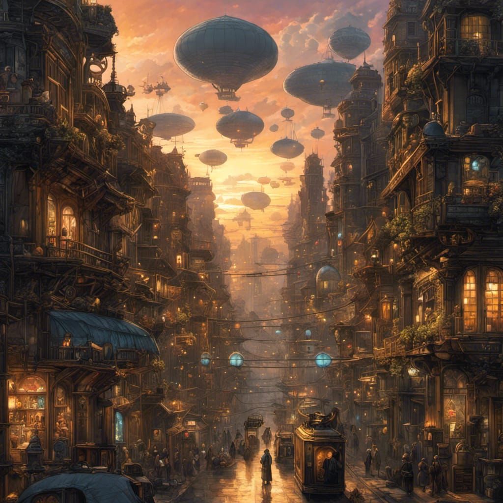 Steampunk Metropolis at Dusk with Cloud Creatures