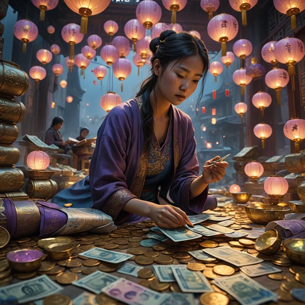 Chinese Girl Counting Currency in Beksiński Style