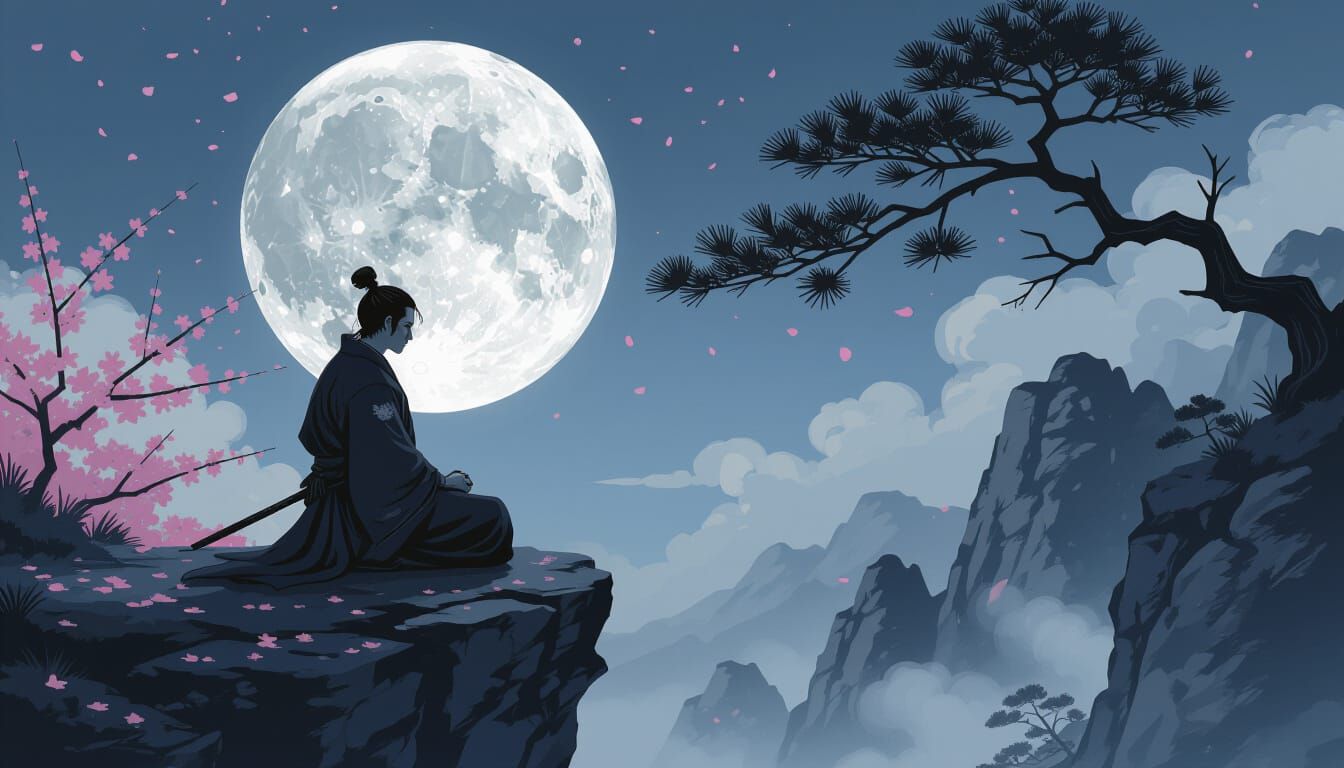 Samurai Meditation under Moonlight in Sumi-e Style