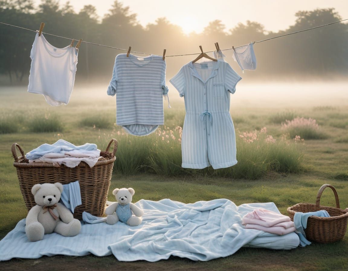 Pastel Teddy Bear in Misty Sunrise Field