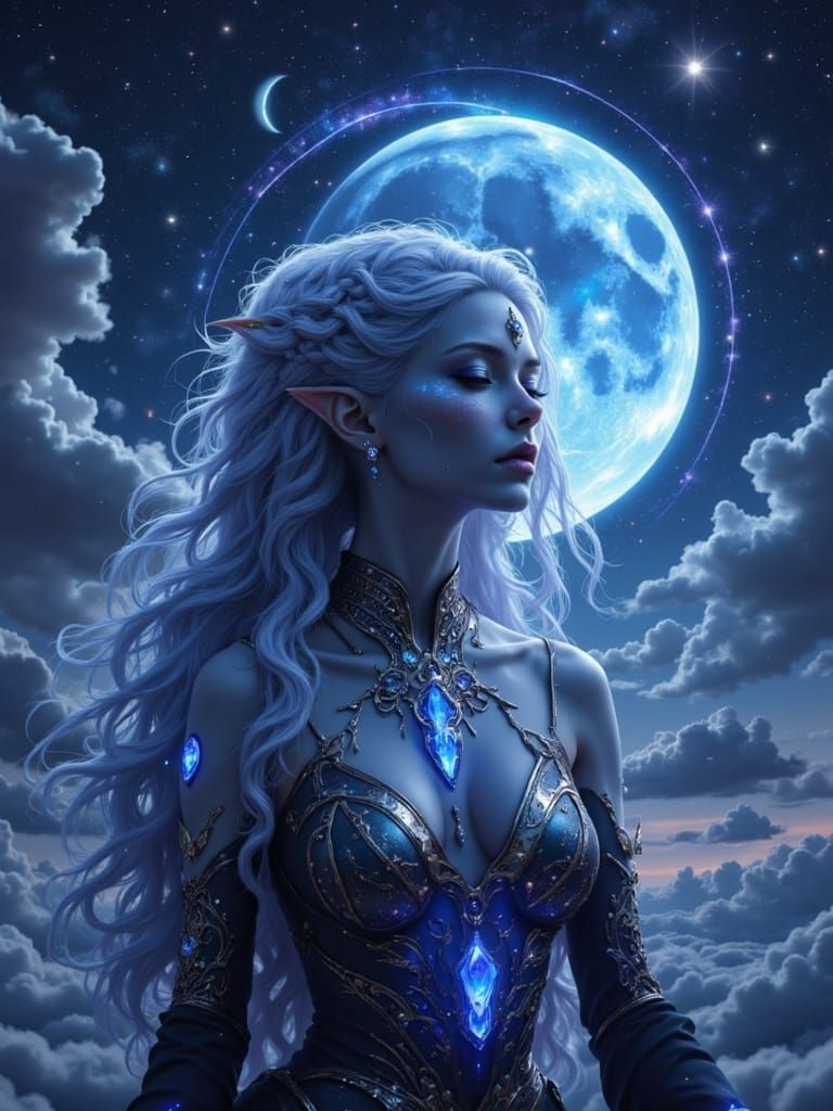Celestial Elf Radiating Lunar Magic in Cosmic Style