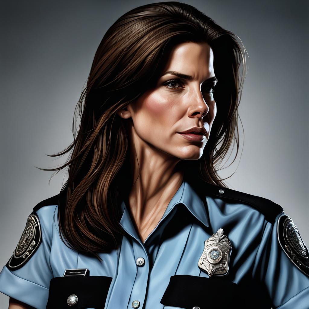 Hyperrealistic Sandra Bullock as Police Officer