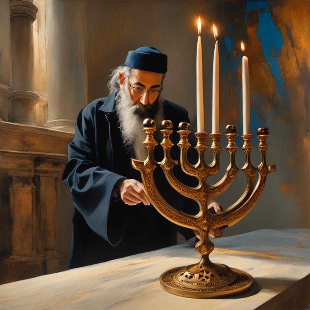 Rabbi lighting Hebrew Hanukkah menorah in synagogue,