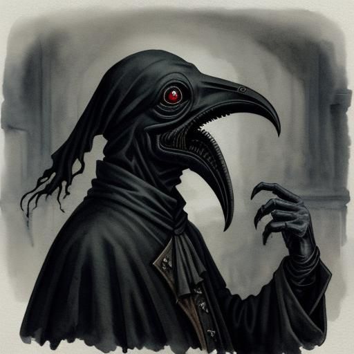 Surreal Watercolor of Plague Doctor in Gloomy Morgue
