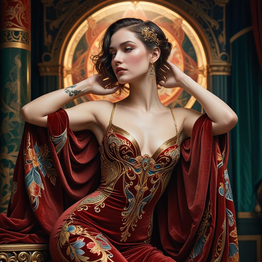 Flamboyant Woman in Jugendstil Velvet Setting