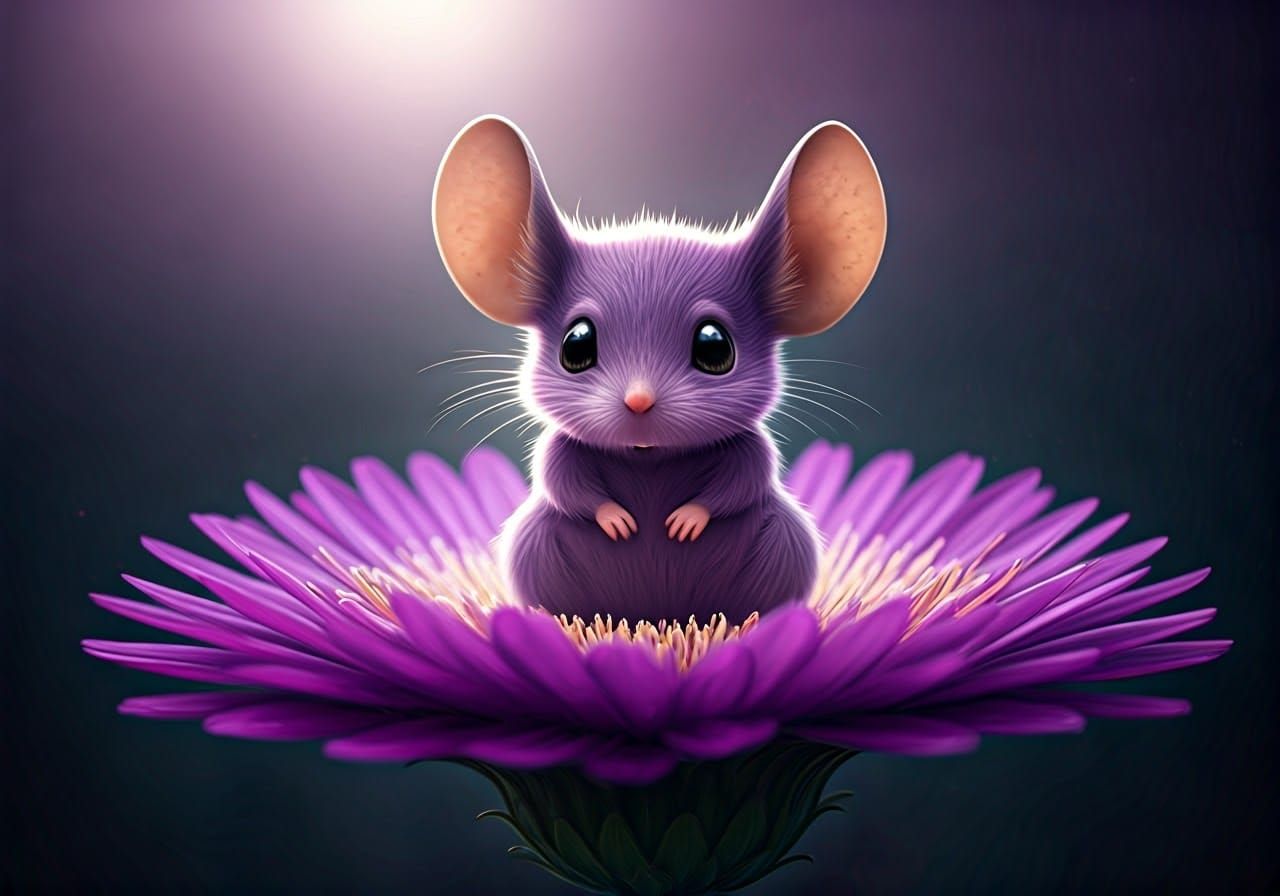 Whimsical Purple Mouse on Enchanted Flower