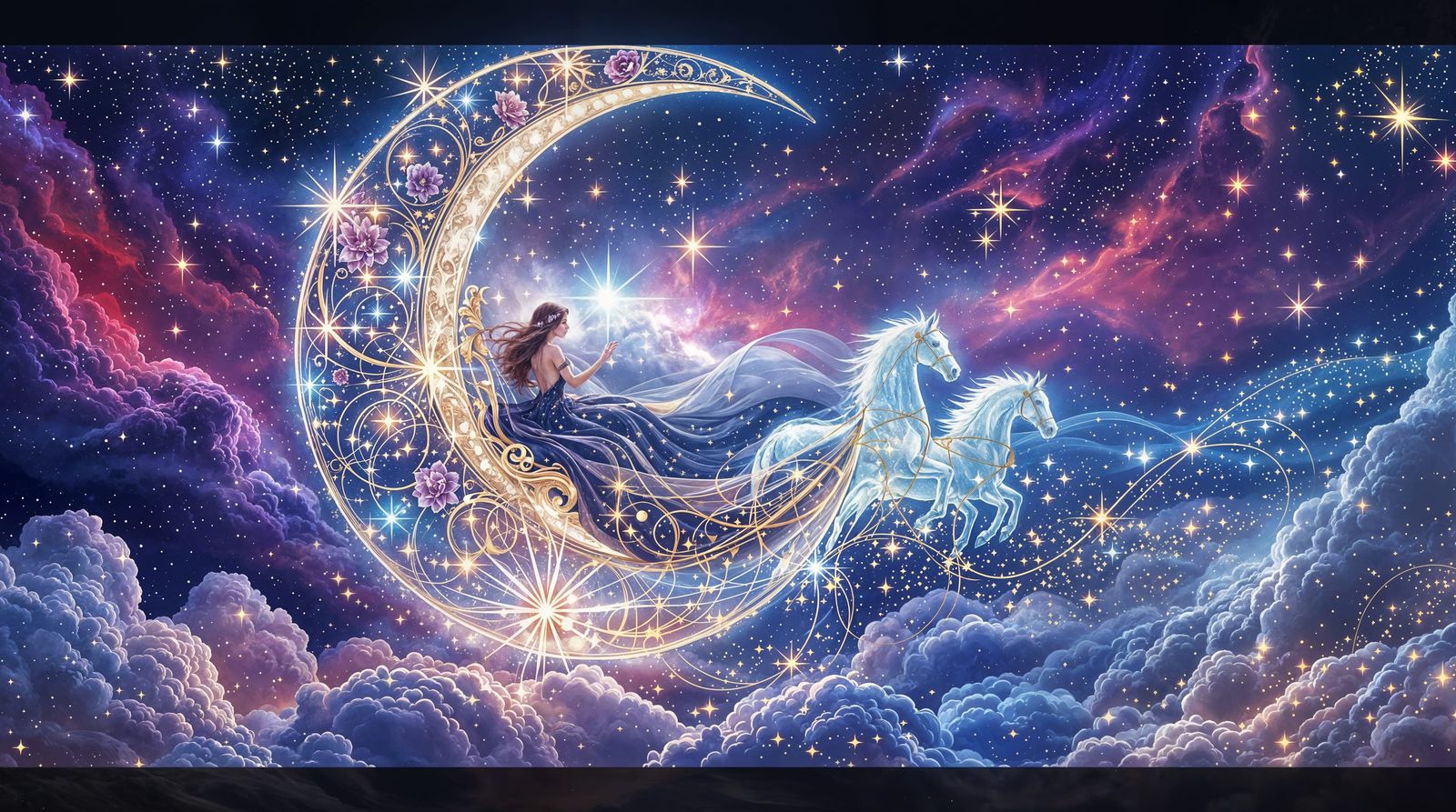 Ethereal Starlight Chariot Ride Through Vibrant Nebula