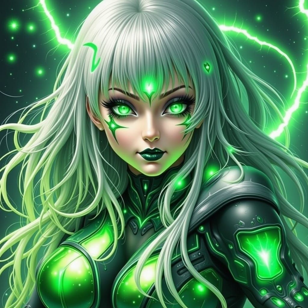 Metallic Cyberpunk Figure in Electric Green Hues