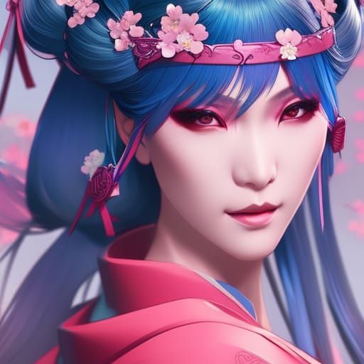 Blue Kimono Portrait with Cherry Blossoms