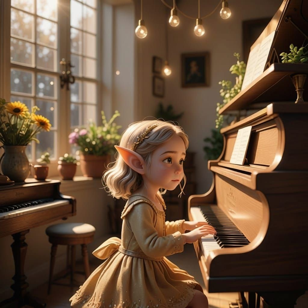Toddler elven girl playing the piano in a house