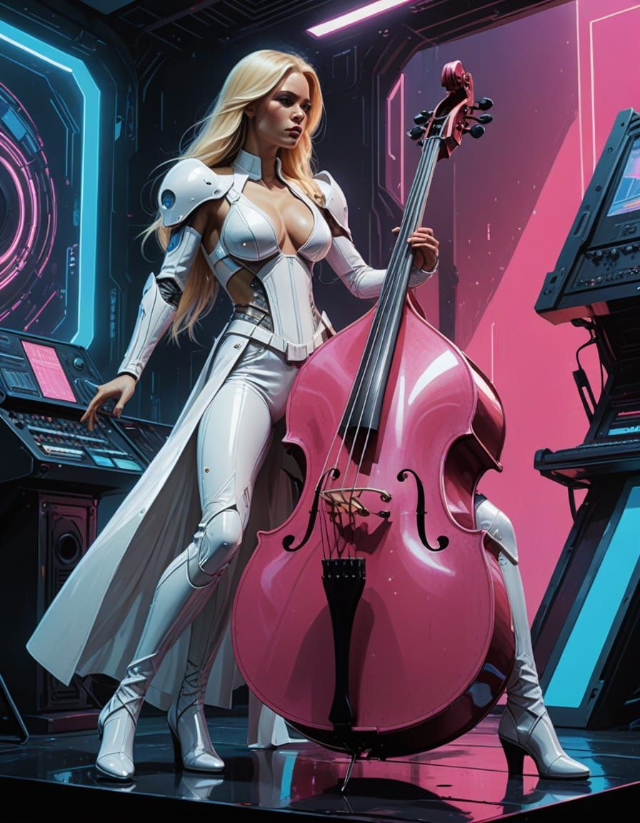 Sci-Fi Russian Woman Plays Double Bass on Neon Stage