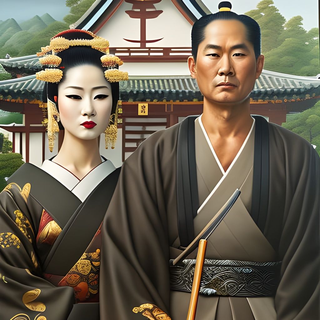 Geisha and Samurai Portrait in Oil Painting Style