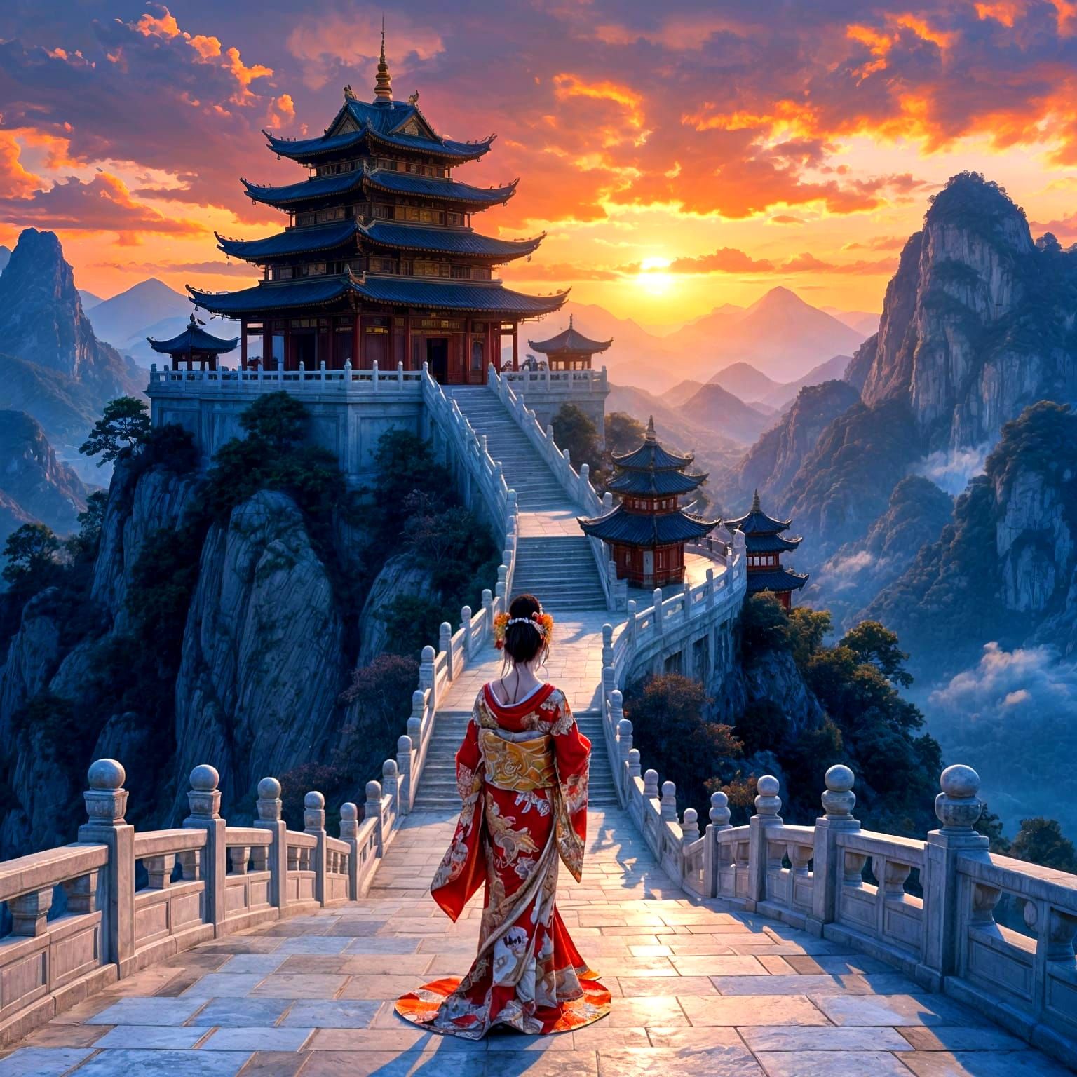 Geisha in Chinese Temple City at Sunset