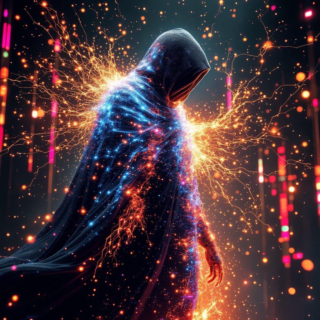 Cyber AI God disintegrating into a cascade of electrons