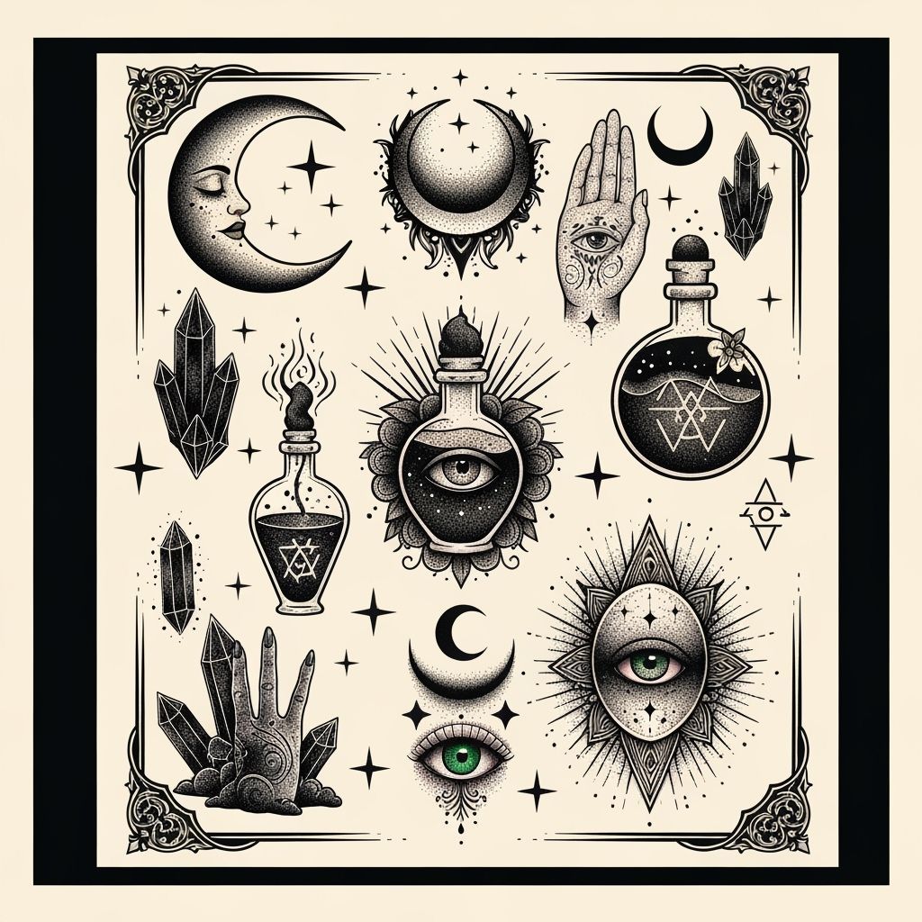 Vintage Witchy Flash Tattoo Sheet in Blackwork Style