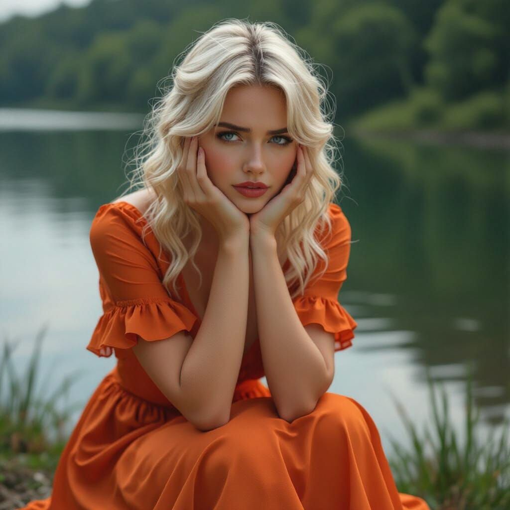 Sad Woman in Silk Dress by Lake, Hyperrealistic