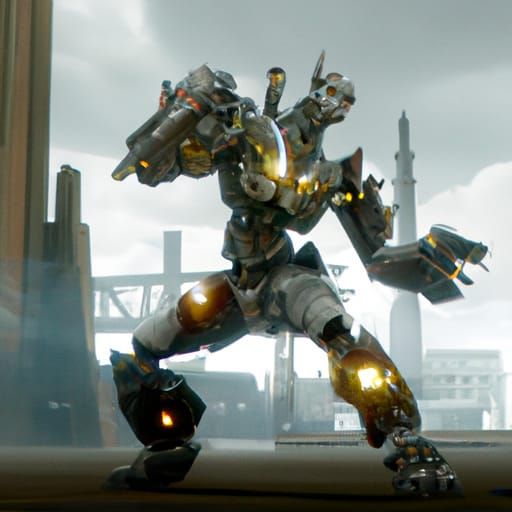 Powerful Robot with Gun in Detailed Digital Painting