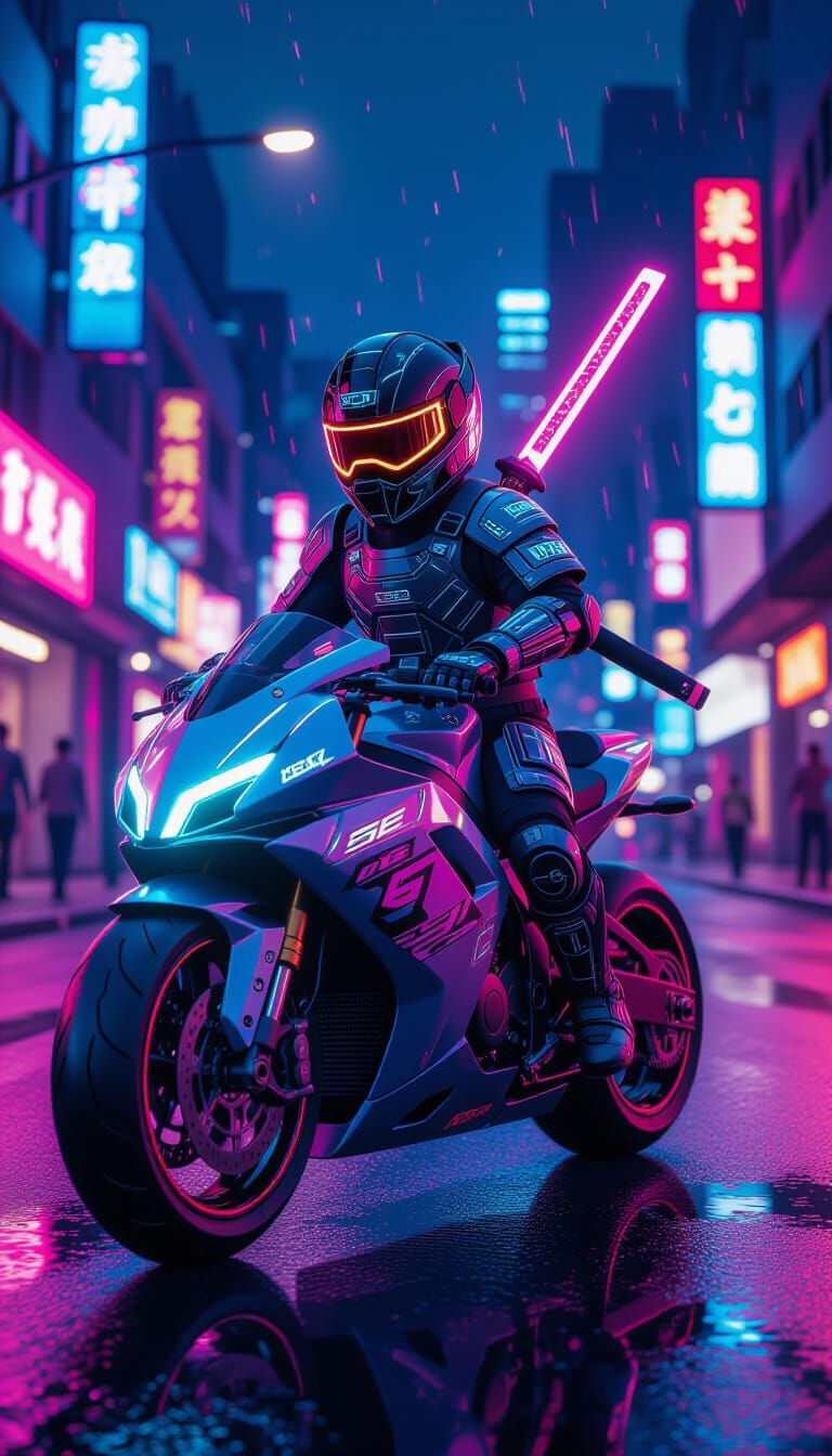 Neon Samurai Kid Rides Futuristic Hoverbike
