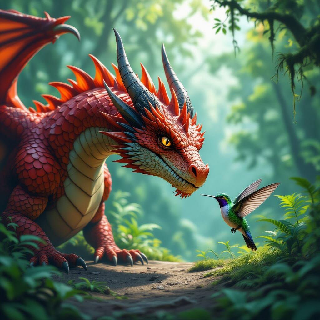 Giant Dragon vs Tiny Hummingbird in Lush Forest