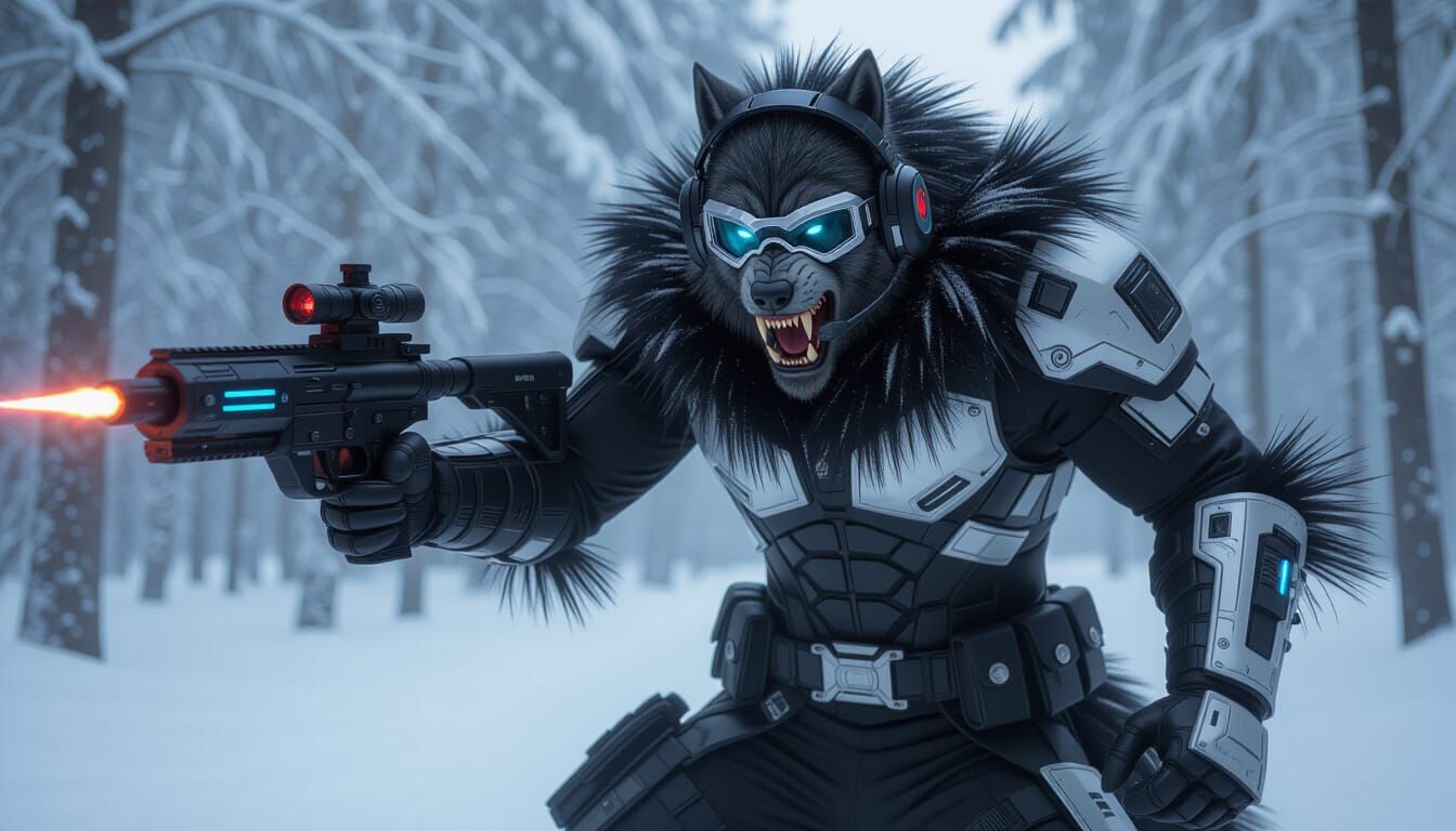 Cyberpunk Victorian Werewolf in Snowy Forest