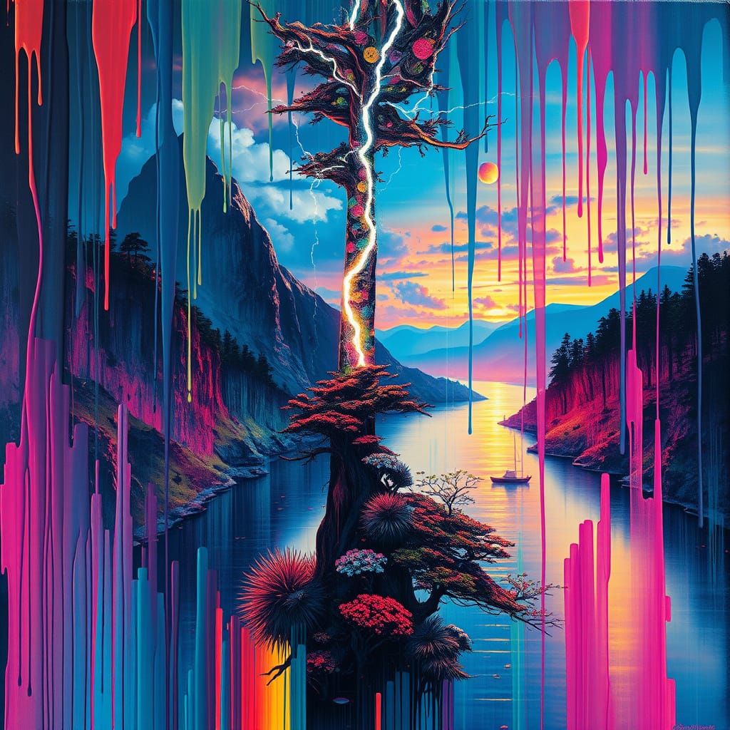 Cyberpunk Lightning Landscape with Textured Acrylic Splashes