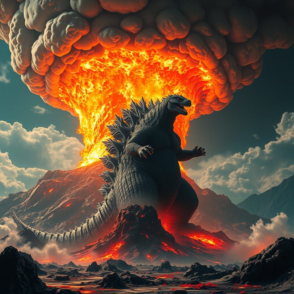 Godzilla Emerges from Volcanic Eruption: 3D Anime Art