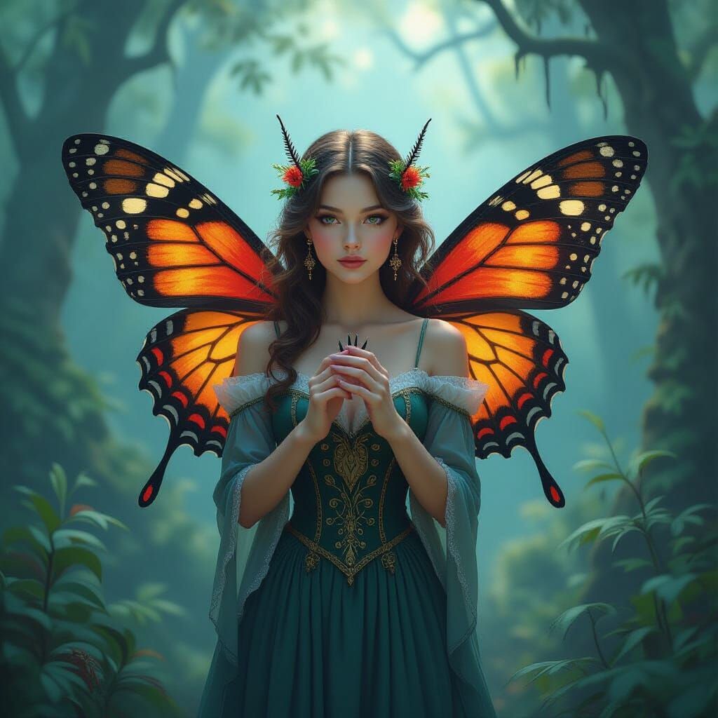 Ethereal Woman with Moth Wings in Misty Forest