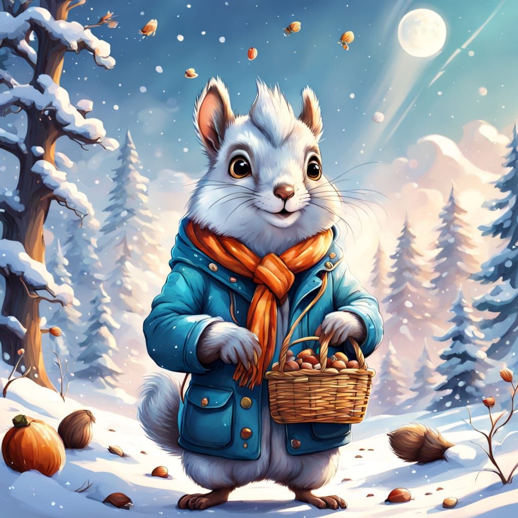 Cute Cartoon Squirrel in Winter Forest