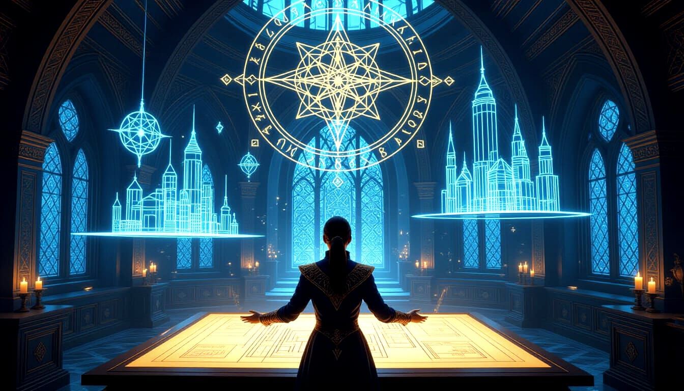 Spell Architect's Blueprint Room in Cinematic Realism