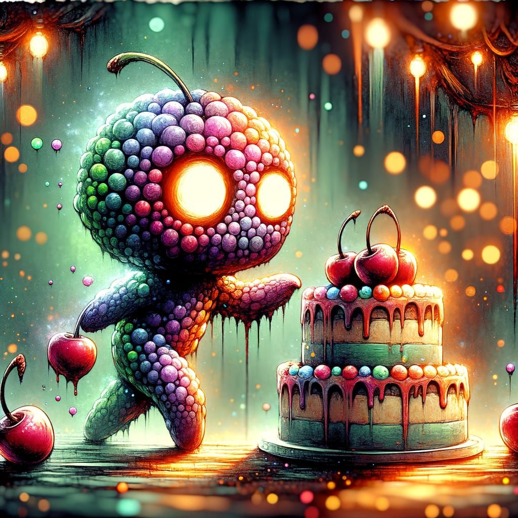 Undead Cherry Chibi Steals Cake in Watercolor Style