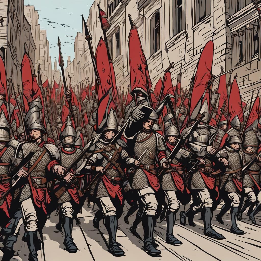 Footmen Marching Through City Gates Illustration