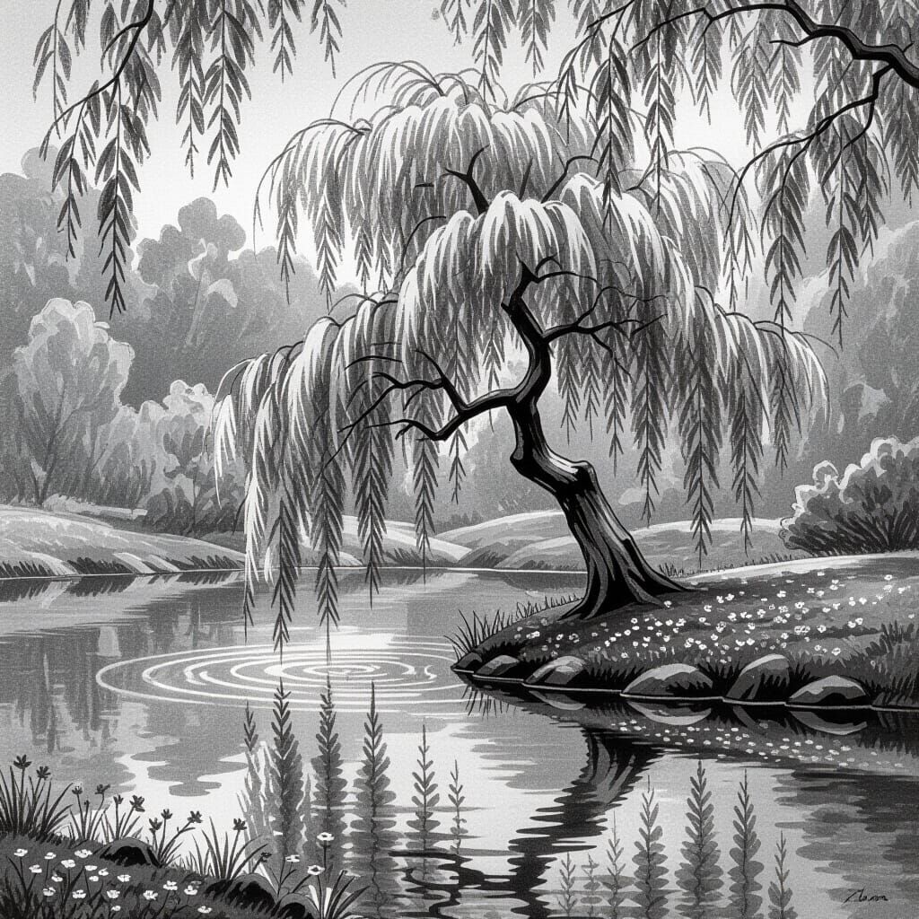 Weeping Willow Pencil Sketch with Graphite Shading