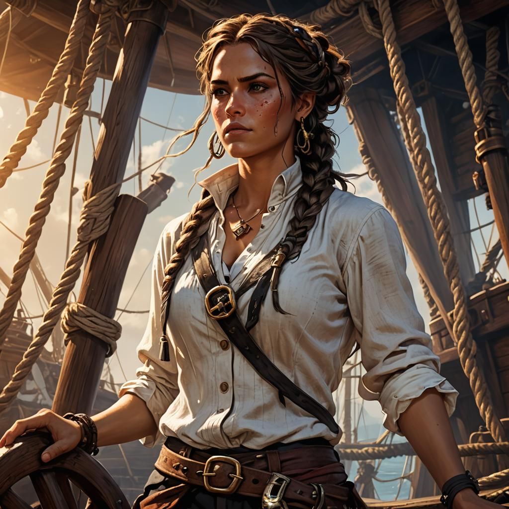 Female Pirate at Helm in Cinematic Fantasy Art