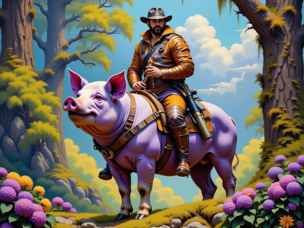 Warrior Rides Giant Pig Through Lush Forest