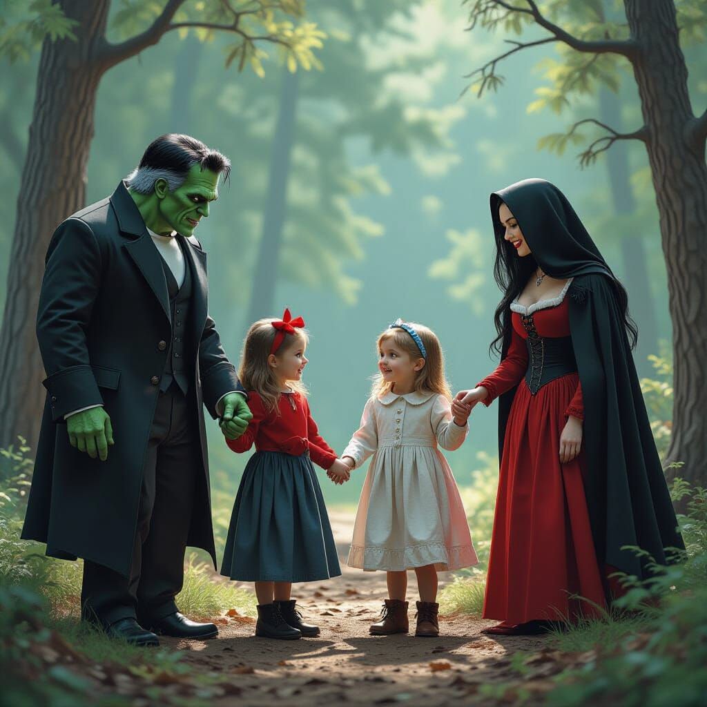 Classic Monsters as Children Playing in Forest