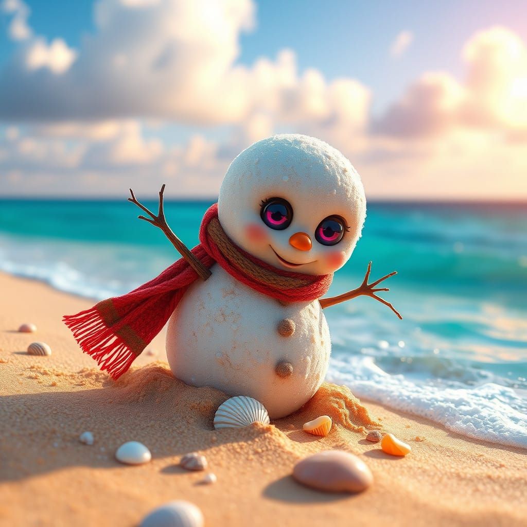 Surreal Snowman Chases Waves on Serene Beach Landscape in Hy...