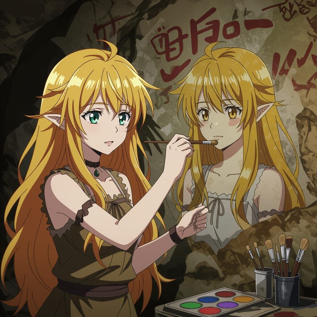 Anime Cave Girl Paints Self-Portrait with Hands