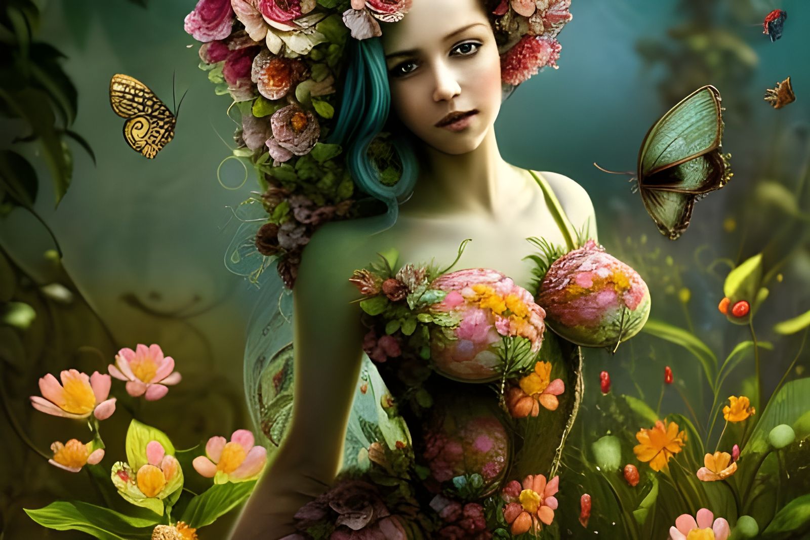 Girl in green garden with butterflies II