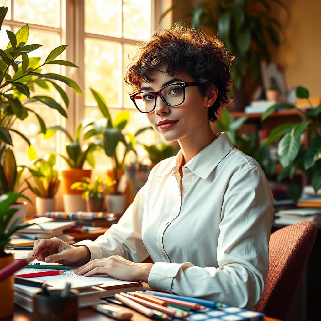 Stylish Graphic Designer Woman in Cozy Studio