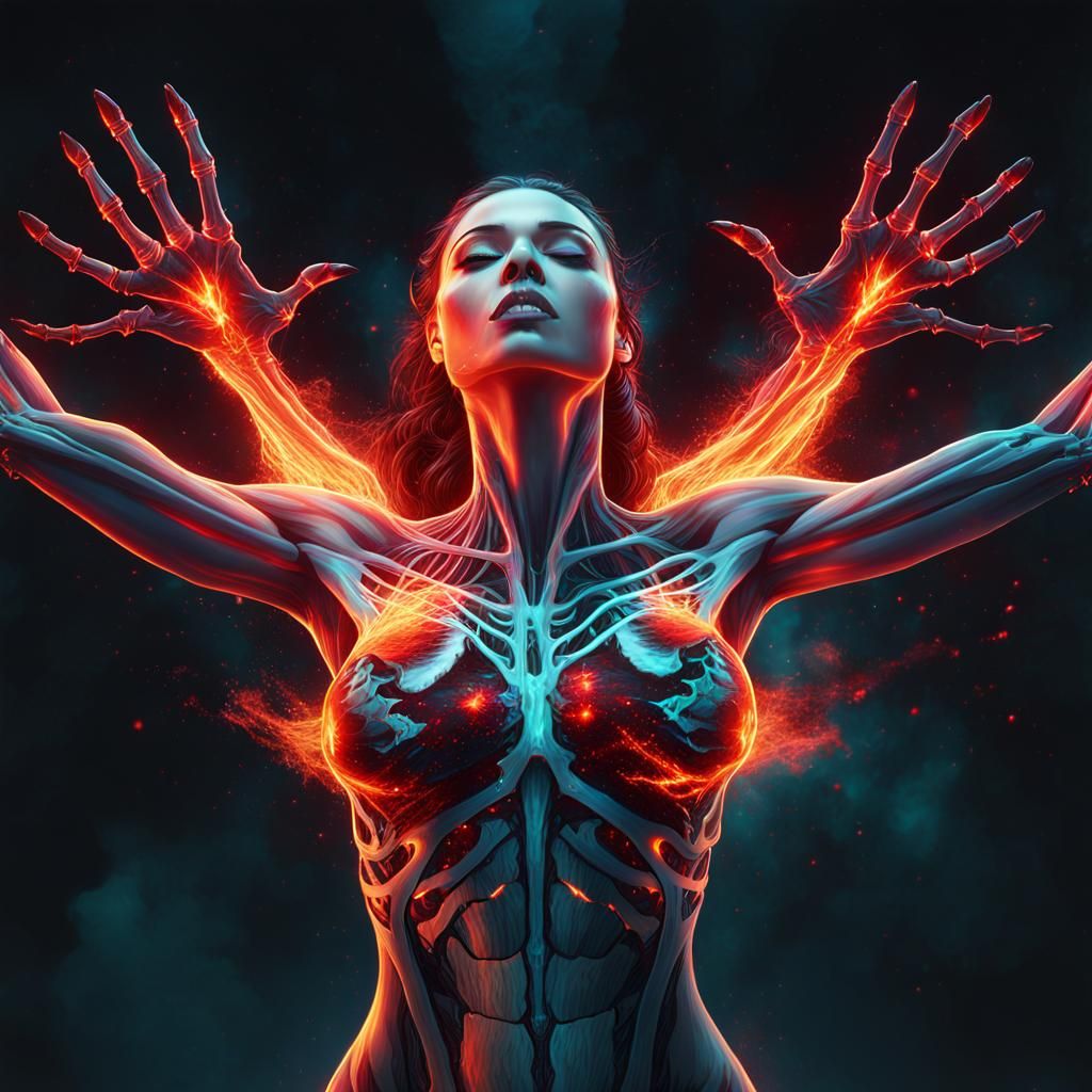 Ethereal Woman with Glowing Skeleton in Explosion