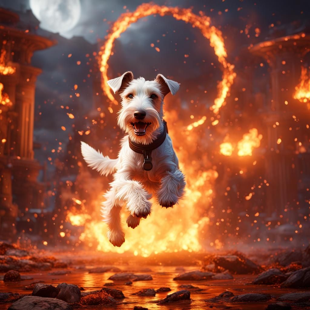 Wired Fox Terrier Jumps Through Fire Ring