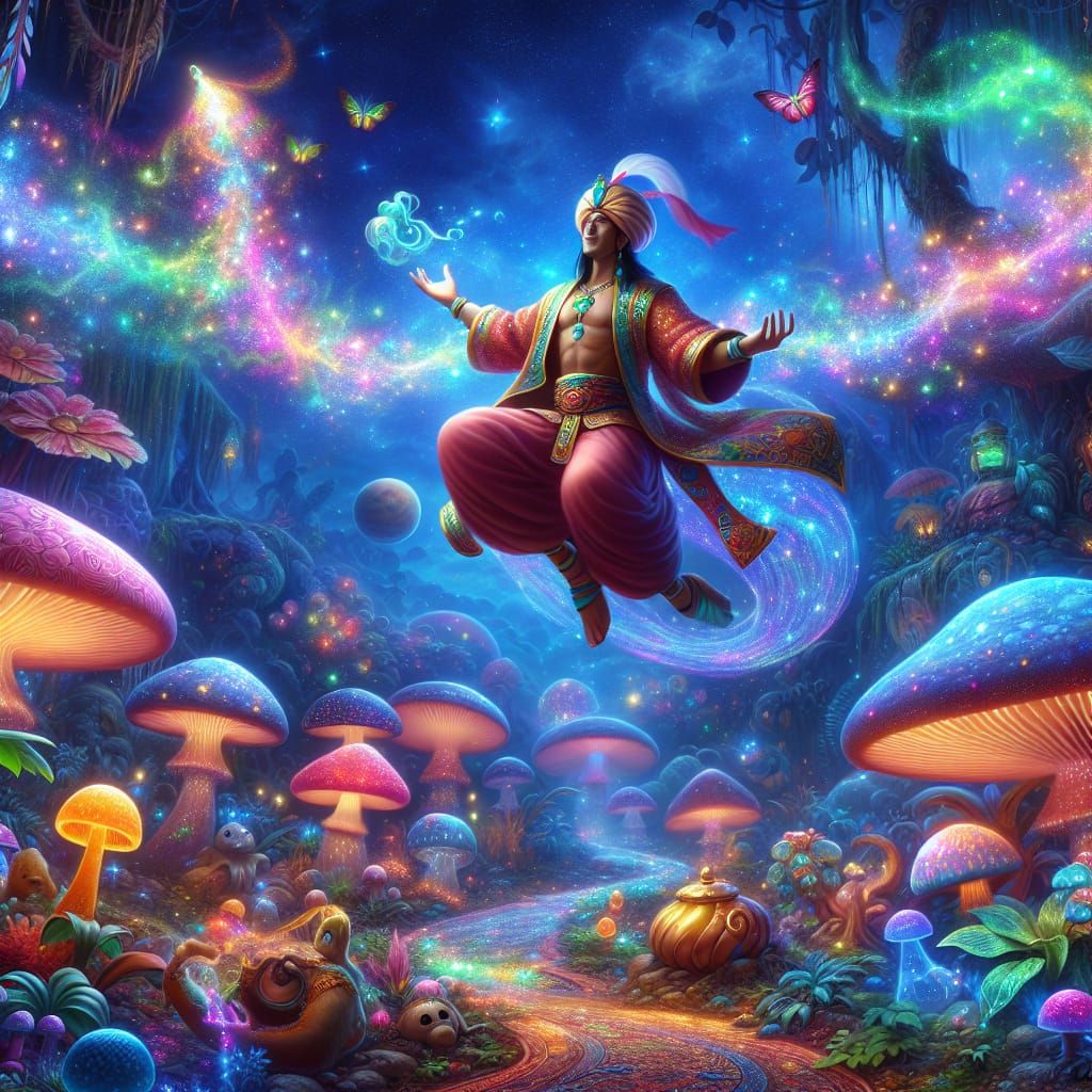 Magical Genie in Enchanted Neon Fantasy Landscape