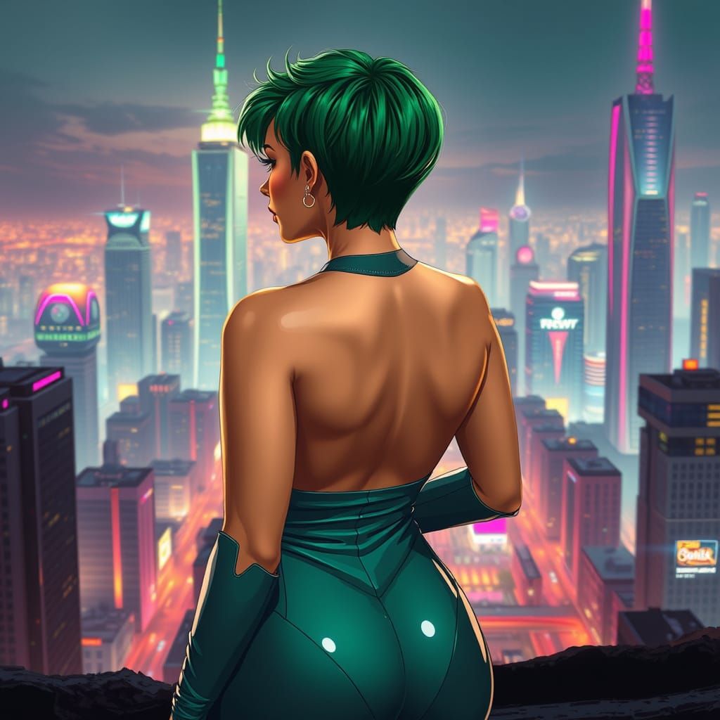 Sleek Futuristic Woman Gazing Out at Neon Cityscape