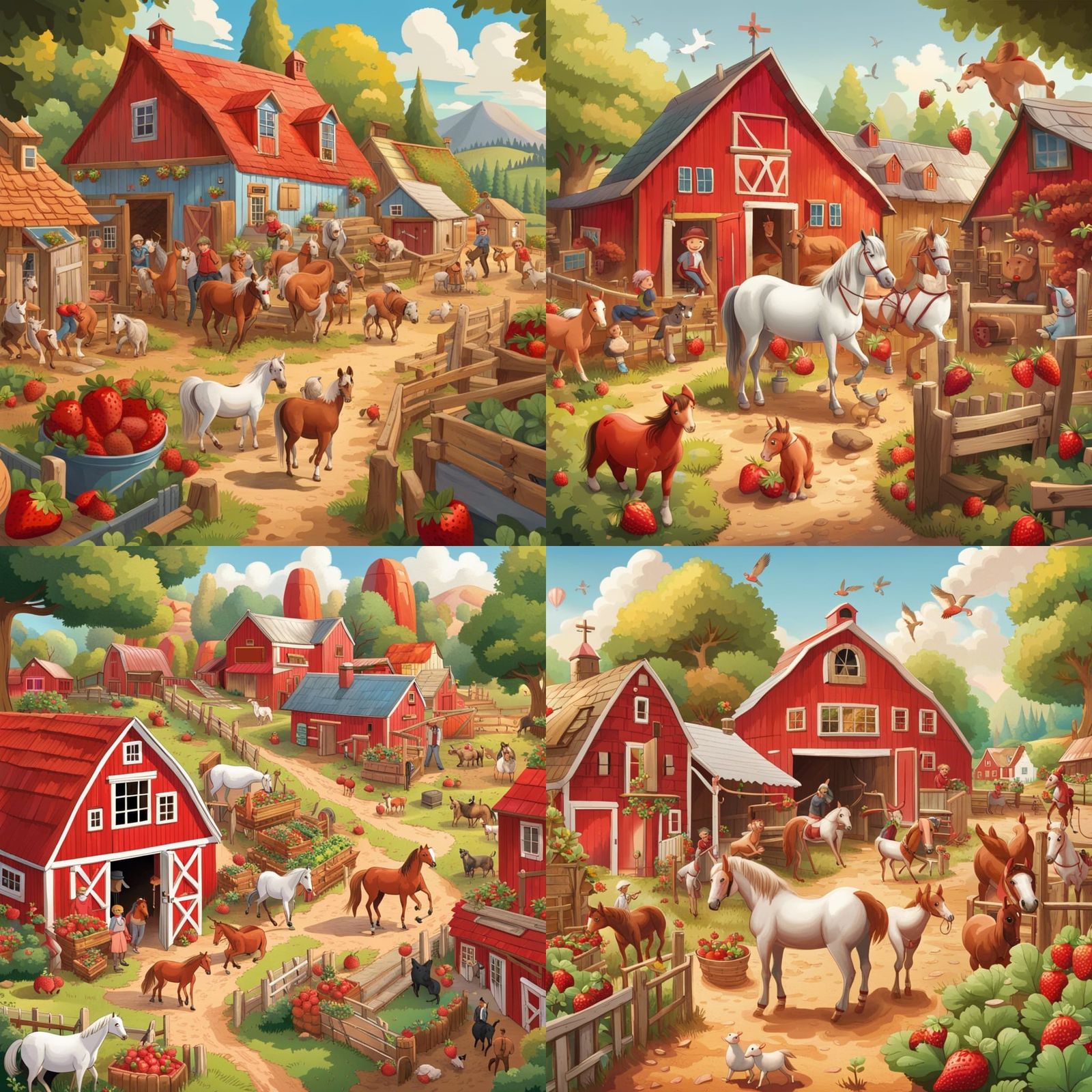 Colorful Village Scene with Farm Animals and Horses