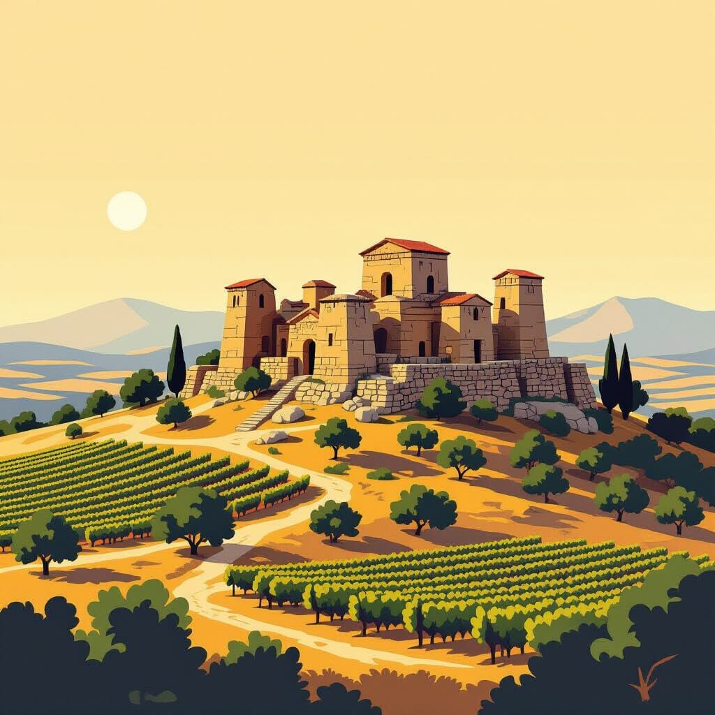 Sardinian Nuragic Complex at Sunset in Vignelli Style