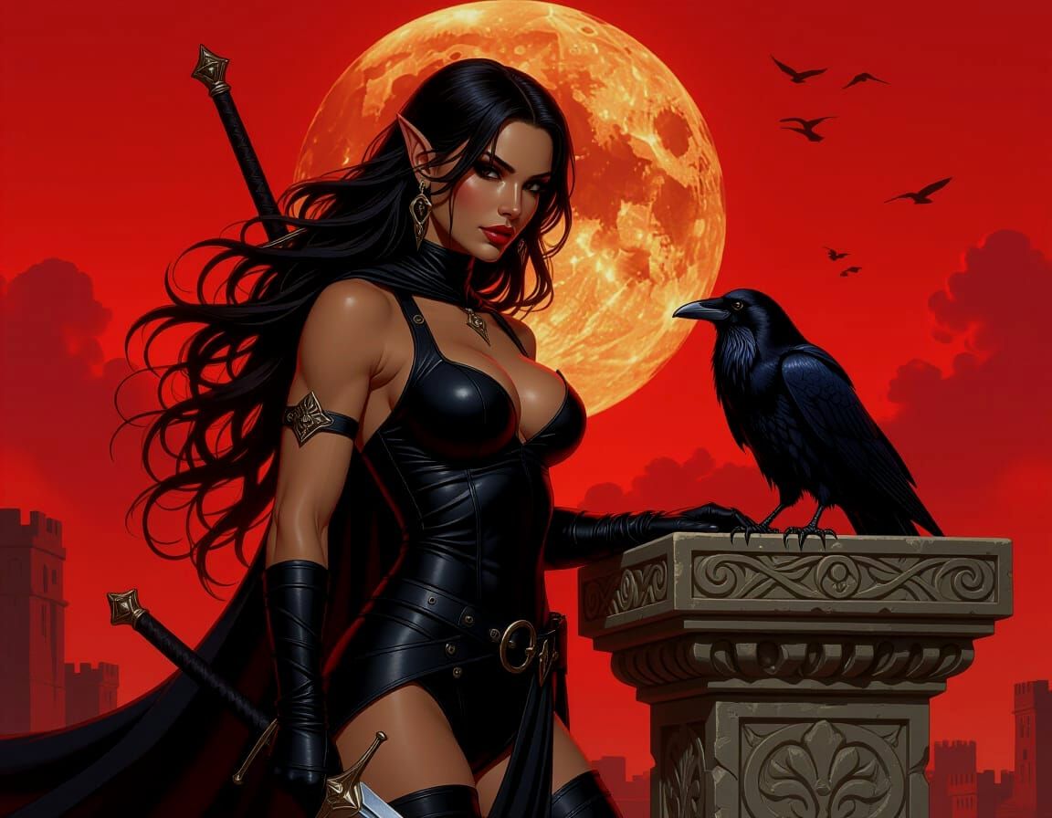 Drow Elf Warrior with Raven Under Blood Red Sky